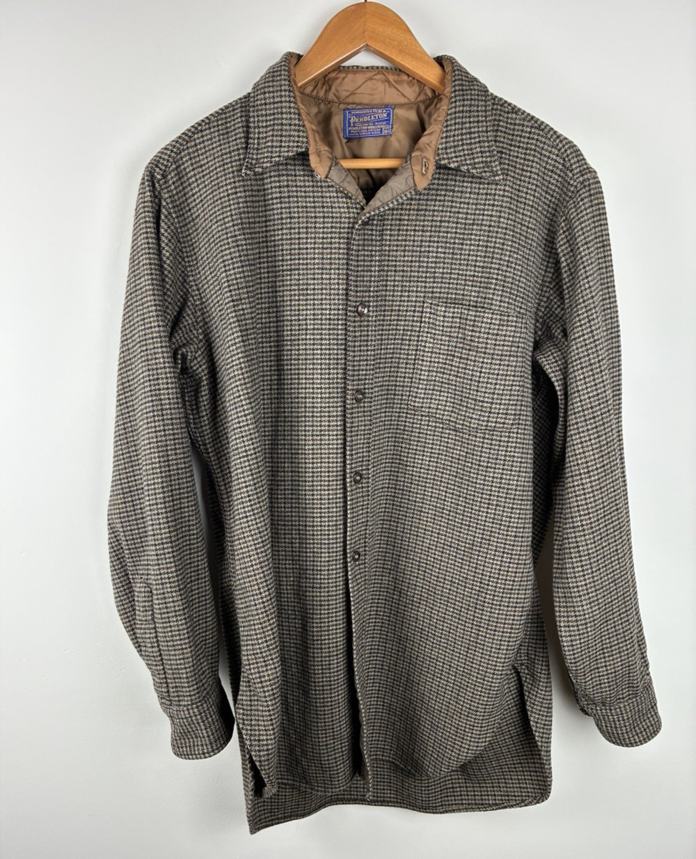 Vintage Pendleton 100% Virgin Wool Houndstooth Shirt Jacket Size 16.5 Brown USA